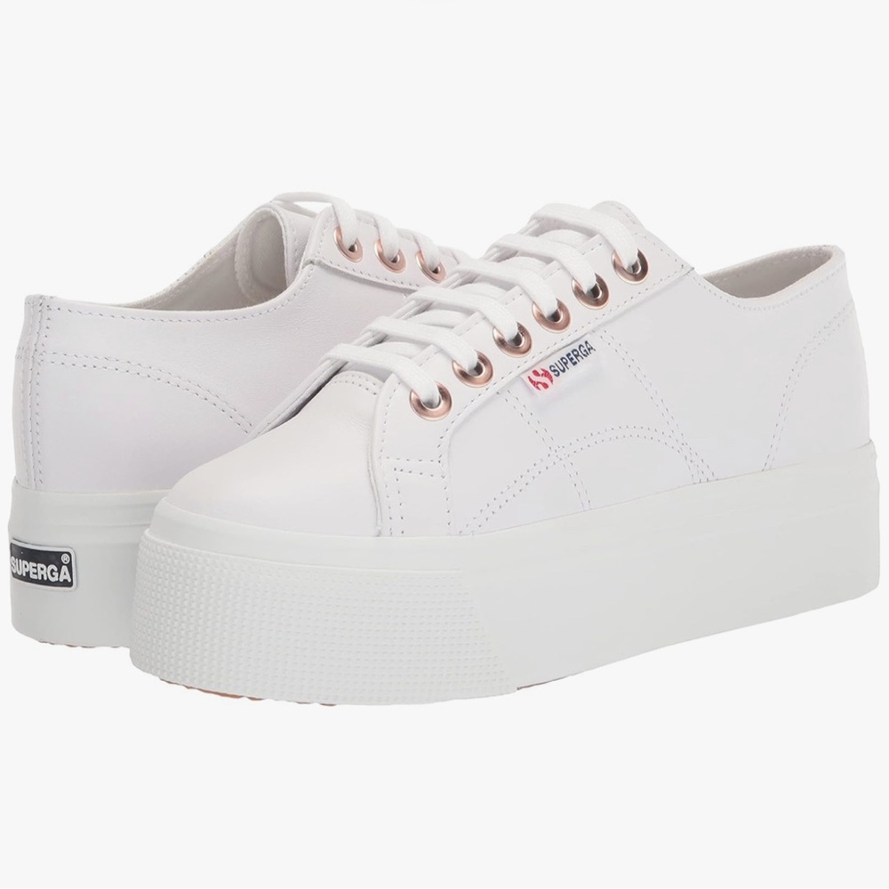 Superga Women's White Platform Sneakers with Rose Gold Accents